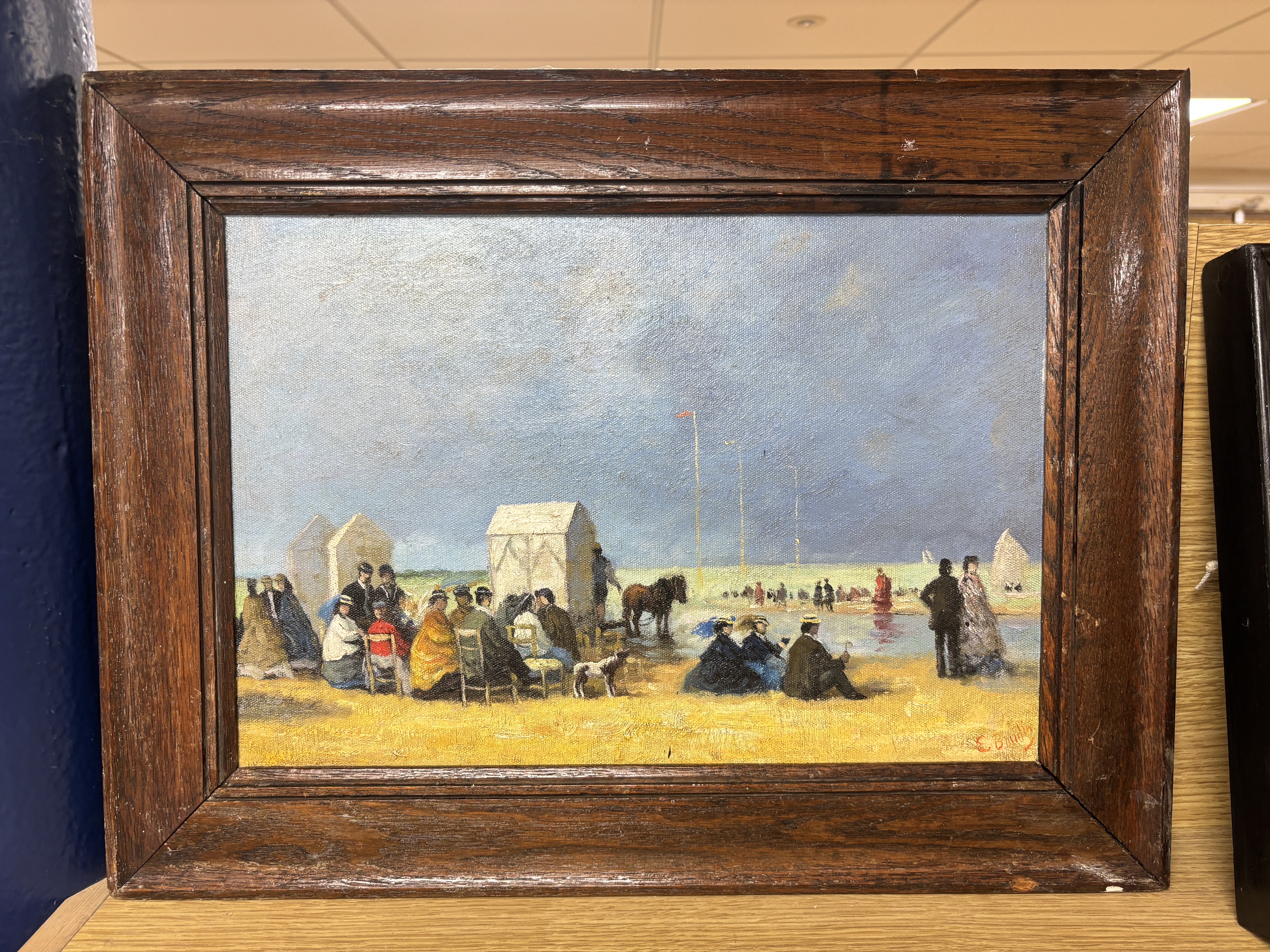 Manner of Eugenie Boudin (French, 1824-1898), Impressionist oil on canvas board, Beach scene with figures, 27 x 40cm